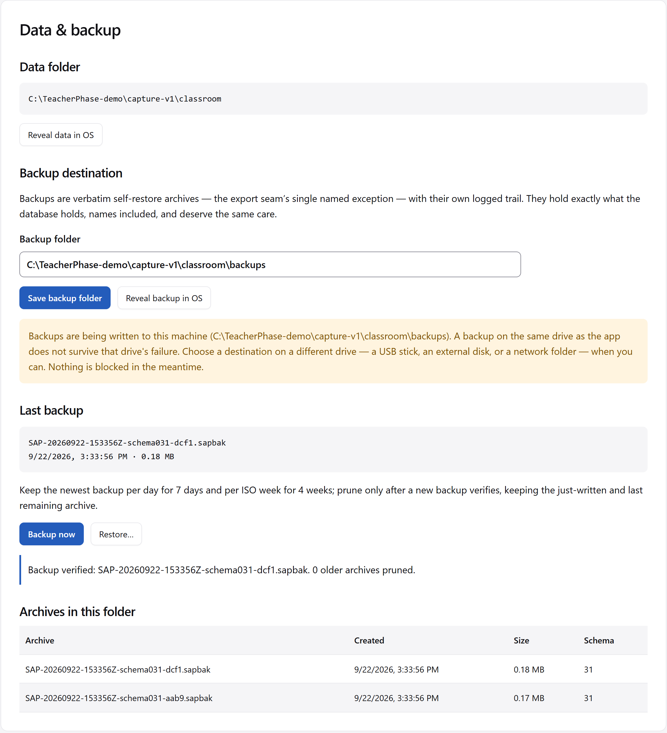 The backup and restore controls in Data & backup.