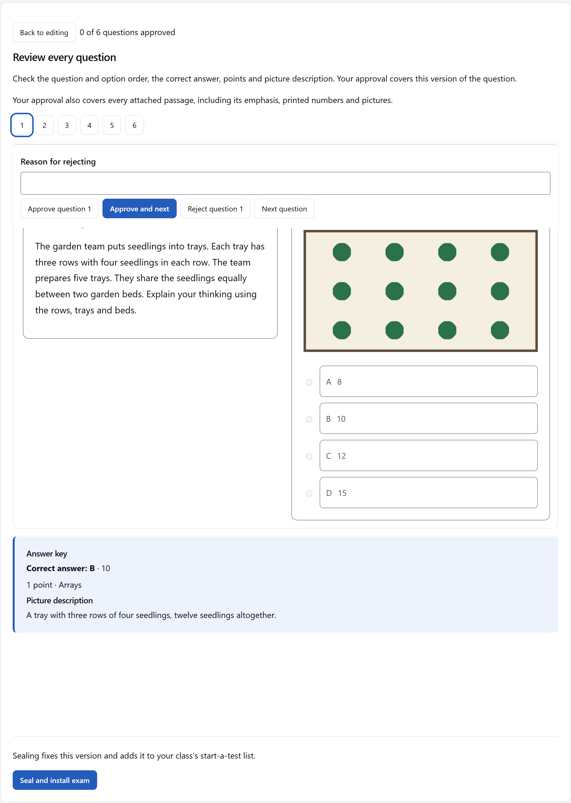 The question review with answer options, a picture and the answer key.