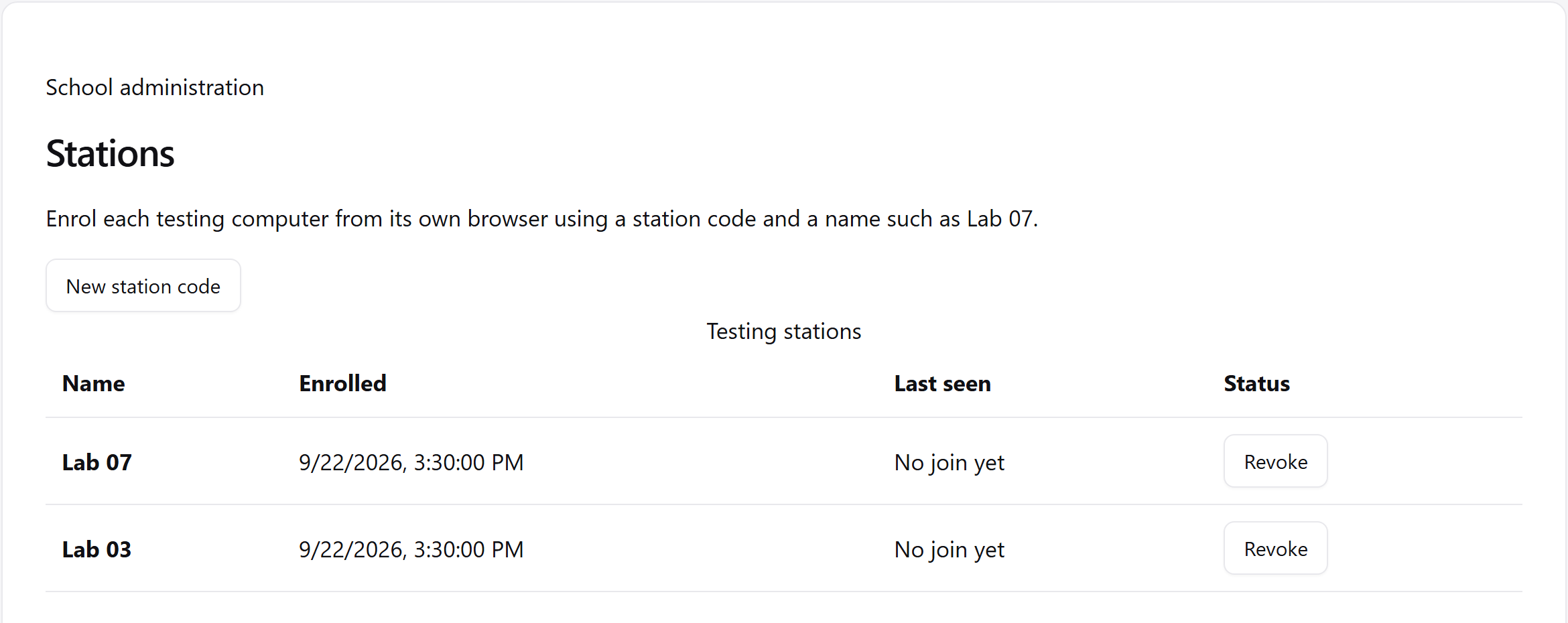Station registration instructions and the control to make a station code.